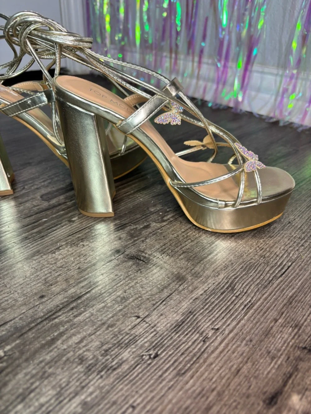Iridescent Butterfly Gold Platform Lace-Up Heels Sz 6.5 Chunky Heel TOP Moda